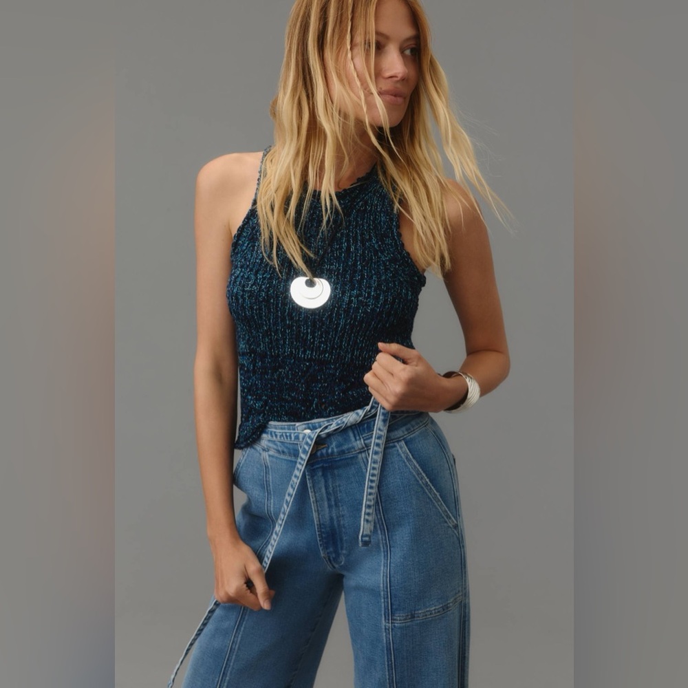 Hudson Tie-Waist High-Rise Wide-Leg Trouser Jeans. Size 4/27. color: blue - Picture 3 of 8